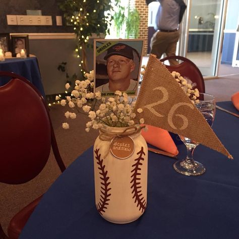 Oriole baseball table centerpieces Dodgers Party, Baseball Centerpiece, Baseball Table, Banquet Centerpieces, Softball Party, Sports Banquet, Sports Party Decorations, Baseball Wedding, Baseball Theme Party