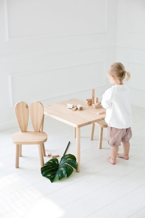 How adorable is this bunny eared chair and table combo? http://petitandsmall.com/cutest-toddler-play-table/ Toddler Play Table, Montessori Table And Chair, Montessori Table, Kids Wooden Table, Kids Play Table, Kids Activity Table, Toddler Table And Chairs, Toddler Table, Toddler Chair