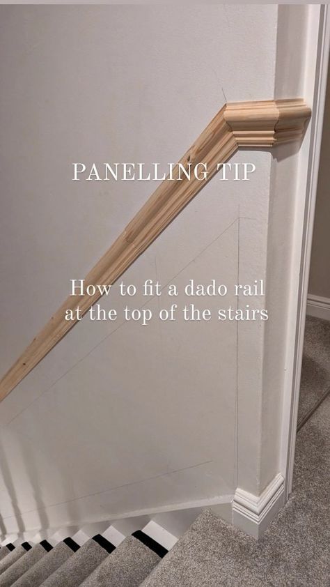 @at_home_with_betty | Stair Panelling Tips - How to fit a dado rail at the top of the stairs This was my first stumbling block when I started the process of... | Instagram Dado Rail Up The Stairs, Paneling Up Staircase, Panelling On Staircase, Walled In Staircase, Stair Board And Batten, Stairs Moulding Design, Hallway With Dado Rail, Staircase Paneling Ideas, Hand Rail Stairs