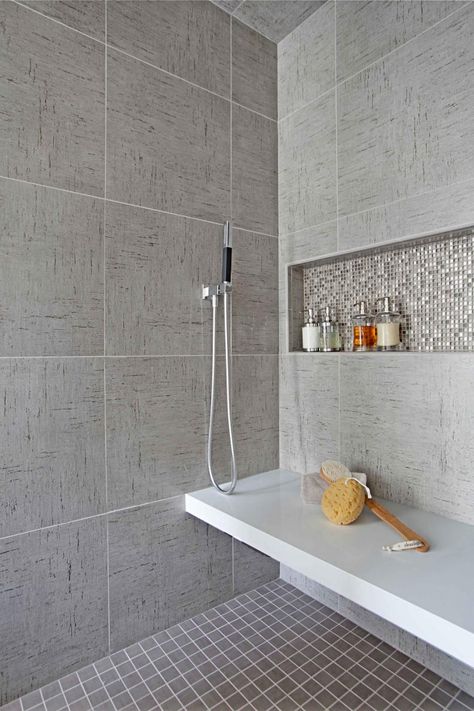 Built In Floating Shower Bench In Large Tile Gray Shower With Penny Tile Storage Cubby Rustic Bathroom Remodel, Glass Shower Wall, Guest Bathroom Remodel, Shower Storage, Master Shower, Shower Seat, Shower Bench, Storage Systems, Bathroom Remodel Shower