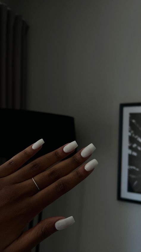 Nail Idea Plain, Best Plain Nail Colors, Plain Polish Nails, Square White Short Nails, White Nails Inspo Short Almond, Square Nails Ideas Medium Simple, Plain White Square Nails, Short White Acrylic Nails Coffin, Nails To Go With A White Dress