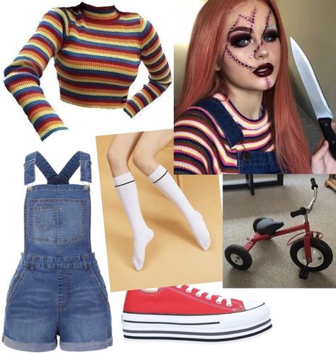 Chucky Doll Halloween Costume, Female Chuckie Costume, Female Chucky Halloween Costume, Female Chucky Cosplay, Chucky Doll Costume Women, Tomboy Costumes Halloween, Chuky Doll Costume, Chucky Costume Diy Female, Chuckie Halloween Costume Female