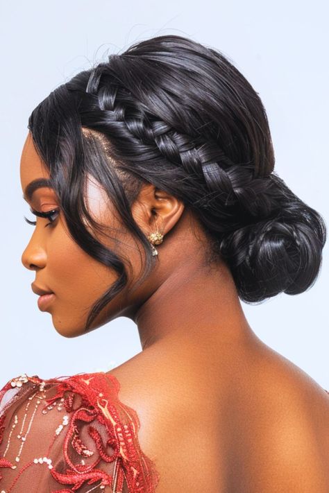 hair dye ideas, hair ideas, hairstyle ideas, haircut ideas, brown hair, Beachy Waves,Messy Bun,High Ponytail,Faux Hawk,Bubble Ponytail,Dutch Braid,Side Swept Curls,Sleek Low Bun,Space Buns,Half Up Half Down,Classic French Twist,Box Braids, Wedding Updos For Medium Hair Black Women, Loose Curl Black Women, Bridal Halo Braid, Black Hair Buns Updos, Black Bride Low Bun Hairstyles, Low Bun Prom Hairstyles Black Hair, Low Bun Updo Prom, Low Bun With Tendrils, Low Bun Hairstyles For Black Women Prom