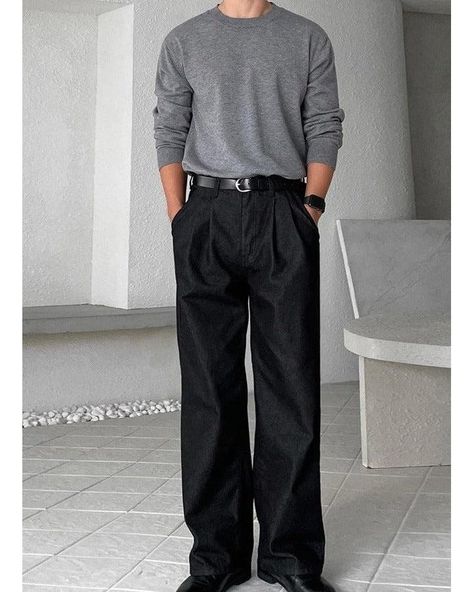 OH Basic Pleated Straight Jeans • Discover Trending Men's Fashion From Asia • Collection: OH Atelier . #koreanfashion #streetwear #streetfashion #outfitidea #styleinspo #mensfashion Black Dress Pants Men Outfits, Korean Baggy Outfits Men, Black And Grey Outfit Men, Black And White Outfit Ideas Men, Black Monochromatic Outfit Men, Men’s Church Outfit, Black Denim Outfit, Church Fits, Straight Denim Jeans