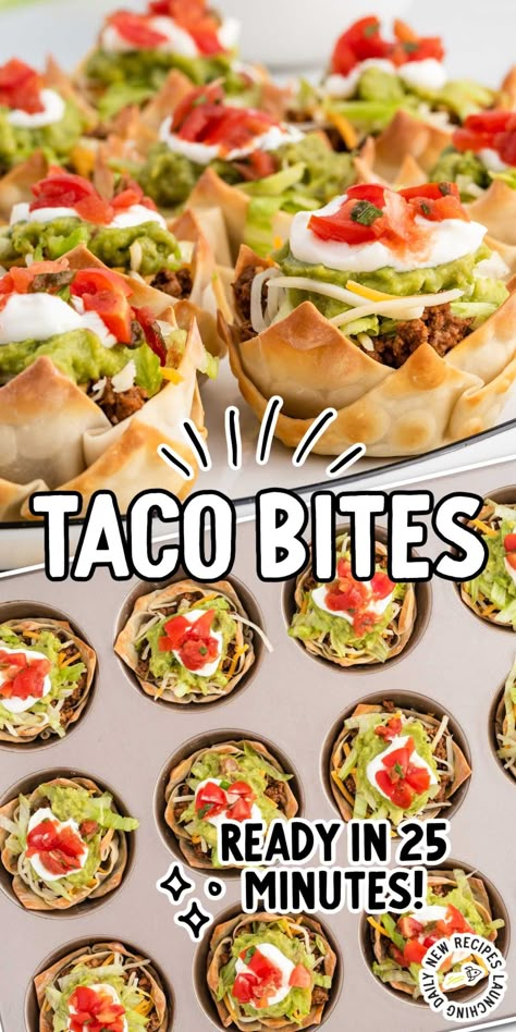 Taco Bites Mini Taco Bites, Taco Appetizers, Wonton Wrapper Recipes, Ground Beef Taco Seasoning, Taco Bites, Mini Taco, Meat Appetizers, Appetizers Easy Finger Food, Best Appetizer Recipes