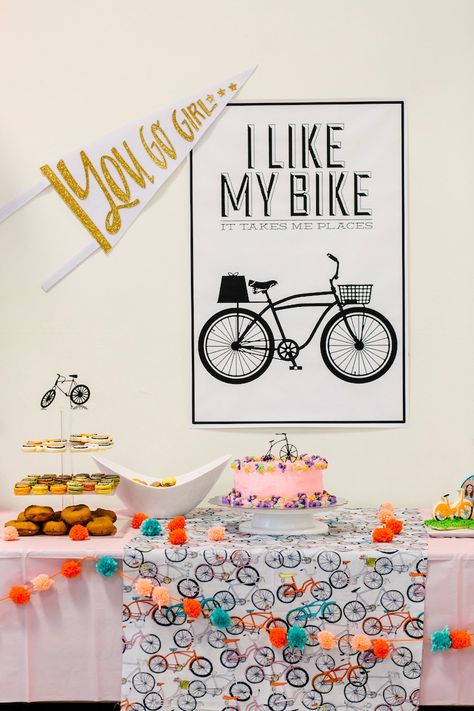 Cake table from a Bike Themed Birthday Party on Kara's Party Ideas | KarasPartyIdeas.com (15) Bicycle Themed Birthday Party, Bike Party Ideas, Bike Themed Birthday Party, Bike Party Decorations, 70th Birthday Party Ideas For Mom, Bicycle Birthday Parties, Bike Birthday Party, Bicycle Party, Cute Bike