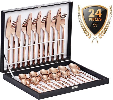 Velaze 24-Piece Rose Gold Silverware Set Cutlery Set, Stainless Steel Utensils Service for 6 Person Include Dinner Spoon, Dinner Fork, Dinner Knife and Tea Spoon, Mirror Polished Design: Amazon.co.uk: Kitchen & Home Rose Gold Silverware, Rose Gold Cutlery, Copper Flatware, Luxury Cutlery, Gold Silverware, Gold Cutlery Set, Cutlery Set Stainless Steel, Gold Dinnerware, Gold Cutlery