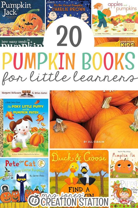 Teaching our little learners about pumpkins is such a fun unit to get to explore this time of year! They’ll love learning about pumpkins and how they grow! There are so many fun ways to go through this unit and watch them learn. It’s even more fun as you read through these 20 pumpkin books. #reading #pumpkinbooks #pumpkin #themedunit #unitstudy #booksforkids #mrsjonescreationstation Fall Books Preschool, Reading Pumpkin, Pumpkin Lessons, Pumpkin Unit, Pumpkin Books, Mrs Jones, Pumpkin Activities, Creation Station, Homeschool Elementary