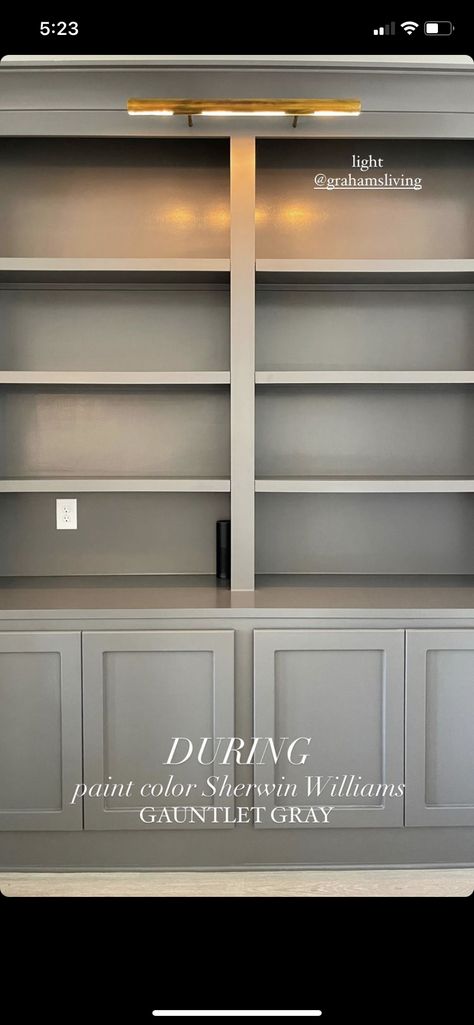 Built In Bookshelves Paint Color, Gray Built Ins, Barn Fireplace, Bar Bookshelf, Grey Family Rooms, Grey Bookshelves, Painted Built Ins, School Portfolio, Blue Bookcase