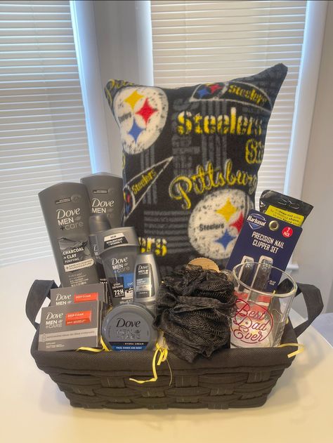 Sports Gift baskets. Sports pillows are custom made. Dove products. Basket For Men Gift, Sport Gift Basket, Boyfriend Basket Ideas Birthday, Black Gift Basket Ideas, Birthday Baskets For Boyfriend, Birthday Basket For Boyfriend, Mens Gift Basket, Sports Pillows, Sports Gift Basket