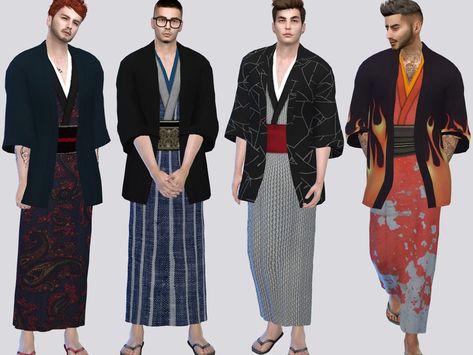 Sims 4 Kimono Male, Fashion Cc Sims 4, Sims 4 Japanese Cc, Japan Dress, Women Template, Ts4 Clothes, Sims 4 Tattoos, Traditional Japanese Clothing, Western Outfits Men