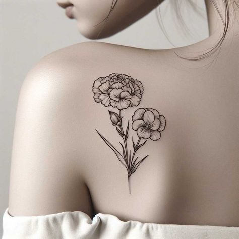 Violet And Carnation Tattoo, Violet Tattoos, Flower For January, Tattoos Floral, February Birth Flower, Violet Tattoo, January Birth Flower, Carnation Tattoo, Purple Carnations