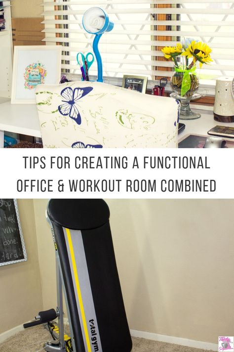 Tips for Creating a Functional Home Office & Workout Room Combined - ThirtySomethingSuperMom Workout And Office Room Ideas, Office Exercise Room Combo, Office And Workout Room, Office Workout Room Combo, Home Office Workout Room, Home Office Workout Room Combo, Home Gym And Office Combo, Gym Office Combo, Office And Workout Room Combo