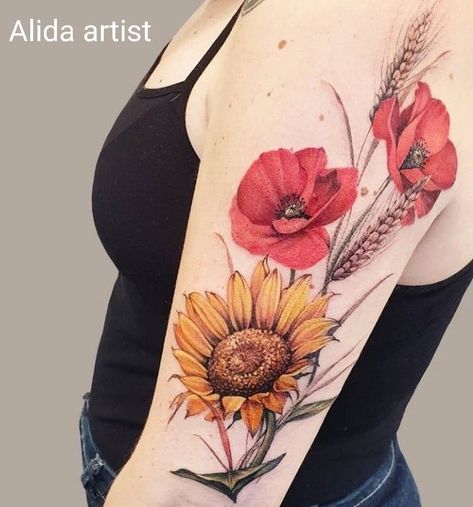 Poppy Flower Tattoo Leg, Ukrainian Floral Tattoo, Poppy Flower And Butterfly Tattoo, Ukrainian Flowers Tattoo, Sunflower And Poppy Tattoo, Rose And Poppy Tattoo, Bouquet Tattoo Color, Poppy Tattoo Sleeve, Best Feminine Tattoos