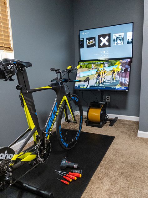 Let's see your paincave! - Equipment - TrainerRoad Treadmill Set Up At Home, Cycling Room At Home, Zwift Setup Garage, Turbo Trainer Room, Triathlon Home Gym, Peleton Cycle Room, Pain Cave Cycling, Bike Trainer Setup, Cycling Room