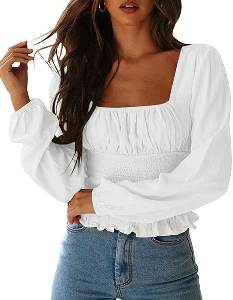 Crop Blouses, Shirred Blouse, Ruffle Hem Blouse, Peplum Crop Top, Ladies Tops Blouses, Square Neck Long Sleeve, Smock Blouse, Blouse Tops, Cropped Tops