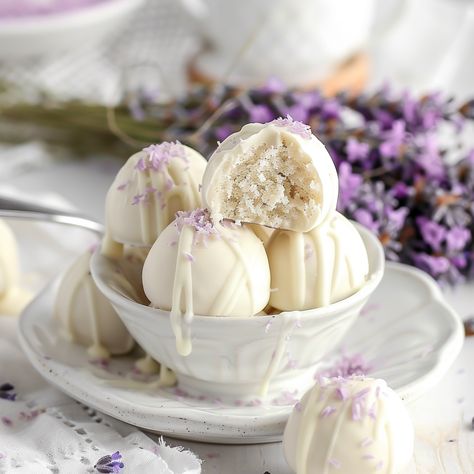 Honey Lavender White Chocolate Truffles Honey Lavender White Chocolate Truffles, Truffle Photography, Sweet Truffles, Almond Crunch, Lavender Petals, Honey Lavender, White Chocolate Truffles, Culinary Lavender, Easy Coffee Recipes