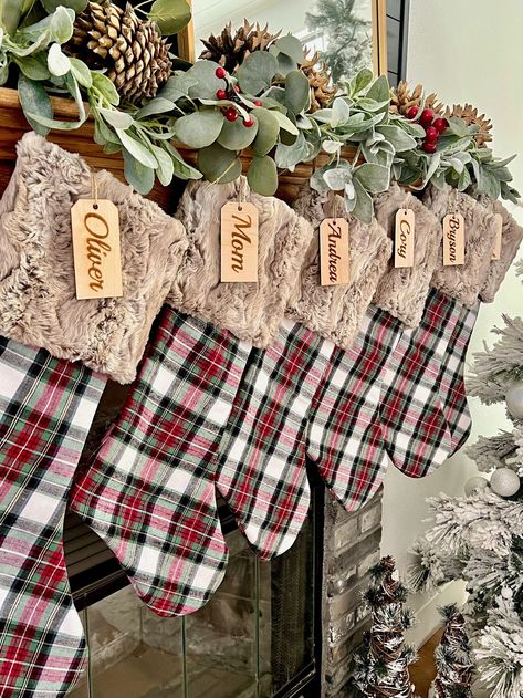 Farmhouse Stockings Christmas, Christmas Decor Minimalist, Mantel Christmas, Farmhouse Christmas Stockings, Plaid Christmas Stockings, Stocking Ideas, Custom Stocking, Holiday Mantel, Golden Gate Park