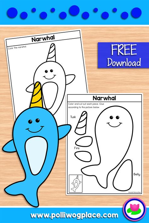 Arctic Animals: Narwhal - Free narwhal printable paper craft activity for kids. Preschool Narwhal Craft, Narwhal Art Preschool, Narwhal Art Project For Kids, Narwhal Preschool Activities, Arctic Animals Crafts For Preschool, Narwhal Craft Preschool, Walrus Activities, Artic Animal Crafts, Antarctica Crafts For Kids