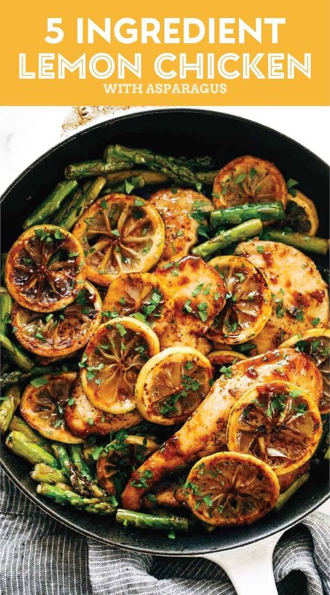 5 Ingredient Lemon Chicken with Asparagus. Juicy, pan-fried chicken with peppery lemon flavors and tender bites of asparagus with a honey butter sauce. A bright and fresh 5 ingredient dinner on the table in 20 minutes! #chicken #lemon #asparagus Honey Butter Sauce, Chicken With Asparagus, Inflammation Diet Recipes, Lemon Chicken With Asparagus, Mediterranean Recipes Healthy, Chicken Lemon, Mediterranean Diet Recipes Dinners, Lemon Asparagus, 5 Ingredient Dinners