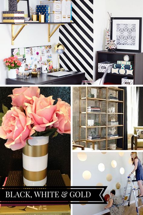 A chic black, white & gold office inspiration board. Check out more ideas and home inspiration at www.monicawantsit.com Black White Gold Office, White Gold Office, Gold Rooms, Gold Office, Salon Suites, Black White And Gold, Cubicle Decor, Gold Home Decor, Gold Bedroom