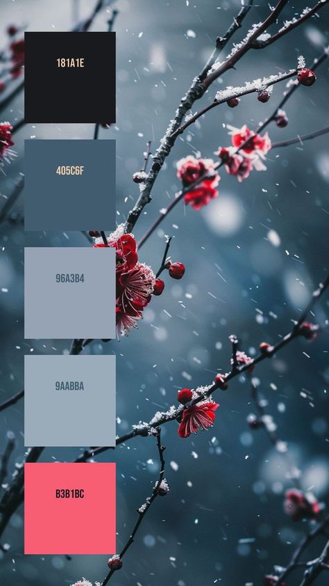 Colors:
181A1E
405C6F
96A3B4
9AABBA
B3B1BC Red Color Pallets, Snowy Background, Flat Color Palette, Color Design Inspiration, Hex Color Palette, Winter Color Palette, Red Blossoms, Mood Colors, Flowers Blooming