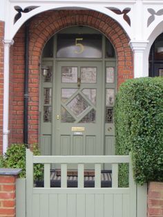 I love a matching front door and gate: try Farrow and Ball Card Room Green Brick House Front Door Colors, Card Room Green, Country Front Door, Green Front Door, Victorian Front Doors, Card Room, Door Colour, Traditional Front Doors, Best Front Doors