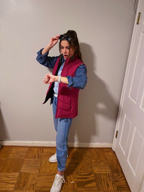 Woman’s Marty McFly costume Overall Costume Ideas Women, Marty Mcfly Women Costume, Halloween Costumes Women Meme, Easy Appropriate Halloween Costumes, Indiana Jones Womens Costume, Well Known Halloween Costumes, Work Appropriate Costumes For Women, Back To The Future Costume Women, Cold Costume Ideas