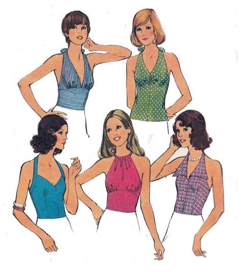 Looking for patterns for tops like these. Especially the bottom blue one and the pink ❤️ Vintage Halter Top Pattern, Summer Halter Tops, Halter Top Pattern, Patron Vintage, 70s Inspired Fashion, Kleidung Diy, Vogue Patterns, Diy Sewing Clothes, Halter Tops