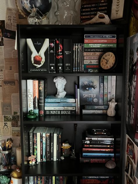 Dark Bookshelves, Bookshelves Aesthetic, Black Bookshelves, Dark Academia Room, Black Bookshelf, Bookshelf Aesthetic, Chambre Inspo, Bookshelf Inspiration, Bookshelf Organization