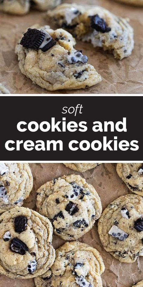 These Cookies and Cream Cookies are a cookie lovers dream come true! Filled with Oreo cookies, as well as cookies ’n’ creme bars, these cookies stay nice and soft and are perfect for the cookie jar. Cookies And Cream Cookies, Crumble Cookie Recipe, Easy Homemade Cookies, Oreo Cookie Recipes, Soft Cookies, Cream Cookies, Oreo Recipes, Filled Cookies, Gourmet Cookies