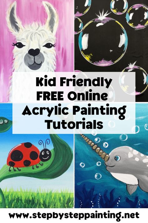 Learn to paint at home with your kids! These are free online acrylic painting tutoirals for kids and all ages! Learn with art teacher Tracie Kiernan! Acrylic Paint On Canvas Ideas, Directed Painting For Kids, Diy Step By Step Canvas Painting Easy, Sip And Paint Ideas For Kids, Family Art Night At School, Easy Kids Canvas Painting Ideas, Kids Paint Night Ideas, Diy Paint Party Kids, Free Acrylic Painting Tutorials