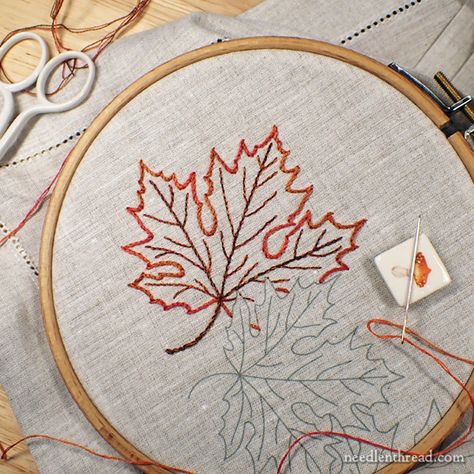 Autumn Linen Runner: a Leaf, Color, and Stitches – NeedlenThread.com Embroidered Maple Leaf, Fall Tree Embroidery, Autumn Embroidery Patterns Free, Fall Leaf Embroidery, Autumn Embroidery Patterns, Creative Pattern Making, Fall Hand Embroidery, Fall Leaves Embroidery, Autumn Leaves Embroidery