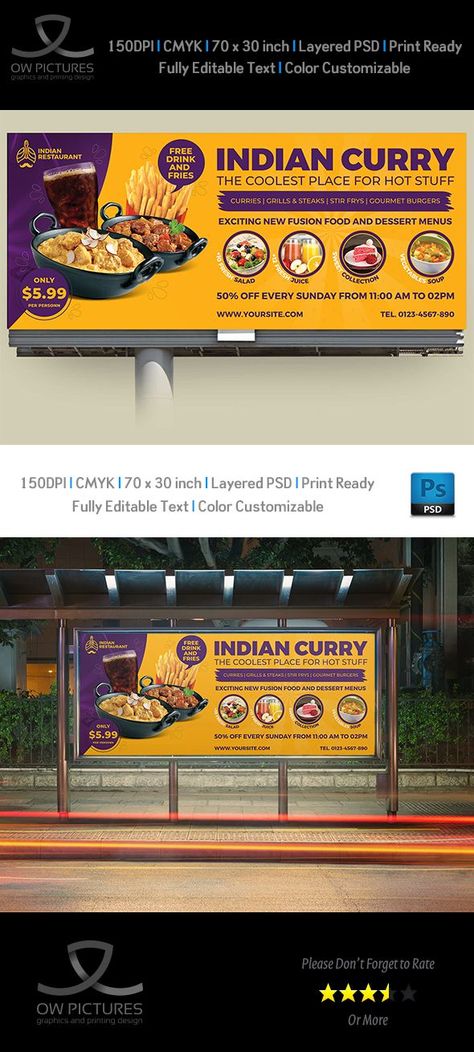 Indian Curry Restaurant Billboard Template was designed for business, it’s professional and eye catching. Attract people to your business with these beautiful outdoor banners!!! Billboard Feature : Fully layered PSD files Easy customizable and editable 70×30 inch (with 2 inch bleeds) CMYK colors 150 DPI resolution Print ready format Banner Design Restaurant, Hording Design Restaurant, Restaurant Flex Banner Design, Bill Board Design Ideas, Bilbord Design Graphics, Restaurant Banner Design Ideas, Food Banner Design Restaurant, Business Banner Design Ideas, Billboard Restaurant