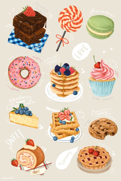 Hand drawn dessert collection vector | free image by rawpixel.com / Noon Salted Caramel Chocolate Cake, Donut Flavors, Desserts Drawing, Christmas Themed Cake, Homemade Carrot Cake, Homemade Buns, Cupcake Vector, Dessert Illustration, 귀여운 음식 그림