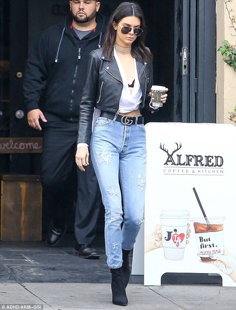 She's at it again: Kendall Jenner flashed her underwear while grabbing coffee in Los Angeles on Thursday Black Jacket Outfit, Jenner Girls, Kendall Style, Boating Outfit, Kendall Jenner Outfits, Cropped Leather Jacket, Kendall And Kylie Jenner, Jacket Outfit, Wedge Ankle Boots