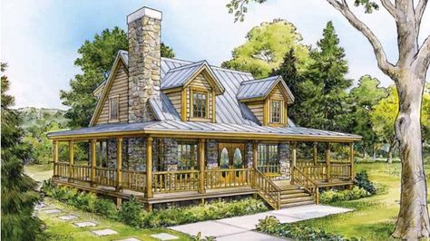 Beautiful Country Home w/ Wrap-Around Porch (HQ Plans) | Metal Building Homes Log Cabin House, Hill Country Homes, Cabin Floor, House Plans One Story, Cabin Floor Plans, Cabin House, Country Porch, Mountain House Plans, Cabin House Plans