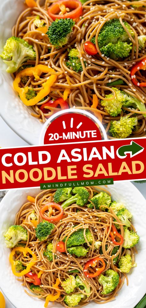 Asian Noodle Salad Asian Noodle Pasta Salad, Sesame Ginger Pasta Salad, Pasta Lunch Ideas Cold, Cold Asian Noodle Salad Easy, Healthy Cold Noodle Salad, Cold Noodle Lunch Ideas, Sesame Noodle Salad Cold, Cold Asian Noodle Salad Sesame, Easy Cold Noodle Salad