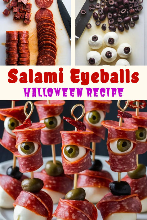 A colorful pin showcasing "Salami Eyeballs Halloween Recipe" with bold text. The top features sliced pepperoni and chopped olives with mozzarella balls. Below, finished skewers of salami-wrapped mozzarella "eyeballs" with olives, perfect for a spooky Halloween snack. Eyeballs Halloween Food, Spooky Food Appetizers, Spooky Finger Foods For Halloween Party, Halloween Antipasto Eyeballs, Halloween Hourderves Savory, Halloween Salami Eyeballs, Procuitto Hand Halloween, Halloween Meat Snacks, Mozzarella Eyeballs Halloween Party