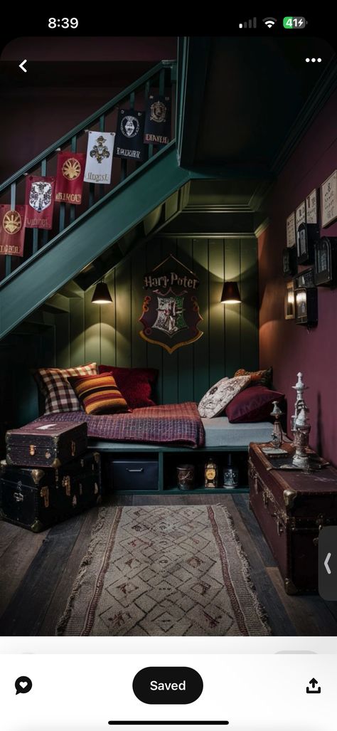 Harry Potter House Inspiration, Hogwarts Aesthetic Gryffindor Bedroom, Harry Potter Paint Colors Bedroom, Harry Potter Peel And Stick Wallpaper, Harry Potter Themed Airbnb, Harry Potter Aesthetic Office, Harry Potter Common Room Aesthetic, Harry Potter Inspired Living Room, Harry Potter Apartment Decor