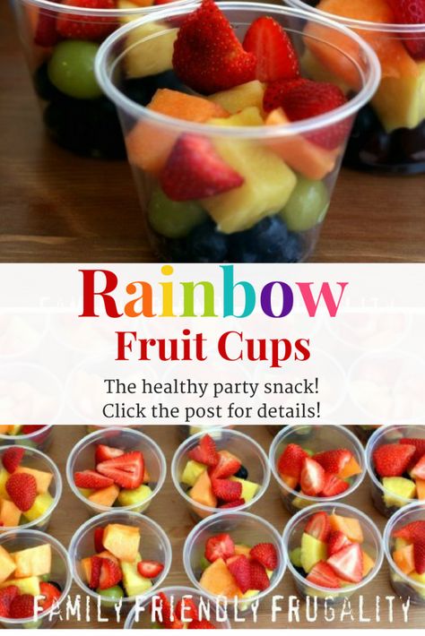 Homemade Rainbow Fruit Cups for a Party! These healthy homemade Rainbow Fruit Cups will be Rainbow Fruit Cups, Fruit Cups For Party, Rainbow Fruit Skewers, Healthy Party Snacks, Healthy Party Food, Drink Healthy, Nutrition Sportive, Potato Bites, Rainbow Fruit