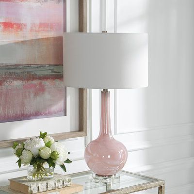 Elegant And Sophisticated, The Rosa Table Lamp Showcases A Light Blush Pink Glass Base With Brushed Nickel And Crystal Details. The Hardback Drum Shade Is Covered In A White Cotton Fabric. | Orren Ellis Anjolena Lamp Glass / Metal / Fabric in Pink / White | 29 H x 16 W x 16 D in | Wayfair Uttermost Lamps, Bookcase Lighting, Light Blush Pink, Product Engineering, White Cotton Fabric, Buffet Lamps, Kitchen Mirror, Rosa Pink, Modern Lamp