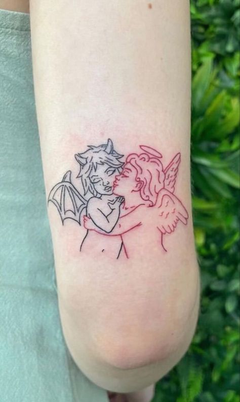 Simplicity Tattoos, Angel And Devil Tattoo, Cherub Tattoo Designs, Cupid Tattoo, Artwork Tattoo, P Tattoo, Cherub Tattoo, Devil Tattoo, Creepy Tattoos