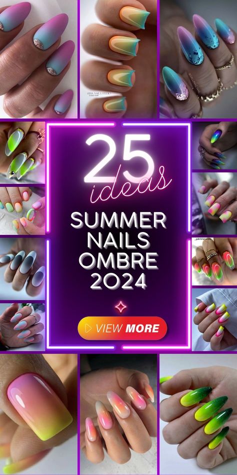 Elevate your summer nail game with trendy ombre designs in 2024. From cute and simple to bright and bold, these nail styles are perfect for any occasion. Experiment with color combos like pink and orange, or go for a classic French ombre look. Whether you choose gel or acrylic, your nails will be on-trend and fabulous. Hombre Nails For Summer, Ombre Nails Inspiration, Summer Dip Nail 2024 Trends, Summer Ombre Nails 2024, Sunset Nails Ombre, Summer Nails Ideas 2024, Ombré Nails With Design, Trendy Stiletto Nails, Metallic Black Nails