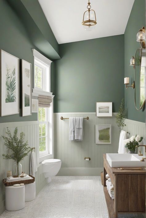 Enhance your bathroom with Newburg Green (HC-158) for a fresh coastal look! Experience the vibrant green accent in this daily interior designer routine. #Ad #homedecor #homedesign #bathroom #Painthome interiorarchitecture best Wall Colors for Bathroom Colors Bright Room Colors best colors combinations bathroom bathroom Remodeling Modern Paint Colors 2024 Best Colors For Tiny Bathroom, Bathroom Painted Green, Bathroom Design Color Palette, Sage Green Bathroom Accent Wall, Light Olive Bathroom, Newburg Green Bathroom, Painted Bathroom Inspiration, Modern Room Paint Wall Colors, Green For Bathroom Paint Colors