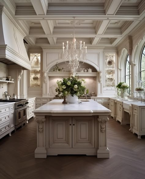 French Mansion Interior Kitchen, French Colonial Style Interior, Kitchen Neoclassic Interior Design, Posh Kitchen, Huge Kitchen Luxury, Dream Kitchen Design Luxury, Colonial Style Kitchen, French Villa Interior, French Chateau Home