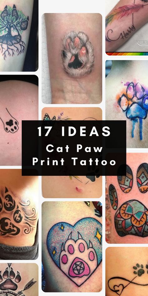 Get inspired by a variety of cat paw print tattoo ideas, ranging from realistic depictions to imaginative interpretations. Explore different styles and designs that capture the essence of your cat's paw prints. From elegant and minimalistic designs to bold and colorful creations, find the perfect cat paw print tattoo that reflects your personal style. Cat And Dog Tattoo Paw Prints, Colorful Paw Print Tattoo, Cat Paw Tattoos For Women, Cat Print Tattoo Ideas, Cat Paw Print Tattoo Ideas, Sugar Skull Cat Tattoo, Tortishell Cat Tattoos, Cat Paw Tattoo Small, Pawprint Tattoo Cat