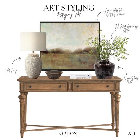 Upstairs Hallway Table Decor, Picture Above Console Table, Art Over Entry Table, Entry Table With Pictures Above, Console Table With Painting Above, Console Table In Dinning Room, Art Above Entry Table, Decorated Entry Table, Top Of Buffet Decor Ideas