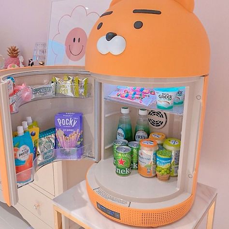 Korean Mini Fridge, Cute Mini Fridge In Bedroom, Snack Area In Bedroom, Comfy Aesthetic Room, Mini Fridge In Bedroom, Cute Fridge, Colorful Room Decor, Gaming Room Setup, Cute Bedroom Decor