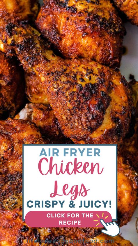 A homemade dry rub dowses these yummy chicken drumsticks with a touch of sweetness and just a hint of heat! Juicy and tender with a crispy coating, these finger-lickin’ good air fryer chicken legs are every bit as delicious as fried chicken — and without all the fuss! Keto Chicken Legs Air Fryer, Air Fry Chicken Legs Bone In, Air Fryer Chicken Legs Bone In Crispy, Airfry Chicken Drumstick Recipes, Air Fryer Chicken Legs Bone In, Air Fryer Chicken Drumsticks Crispy, Drumsticks In Airfryer, Air Fryer Chicken Legs Recipes, Air Fried Drumsticks